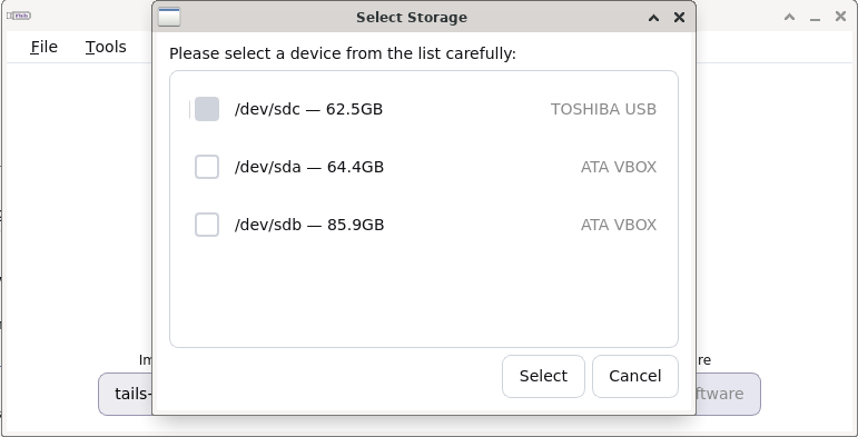Select storage device screen